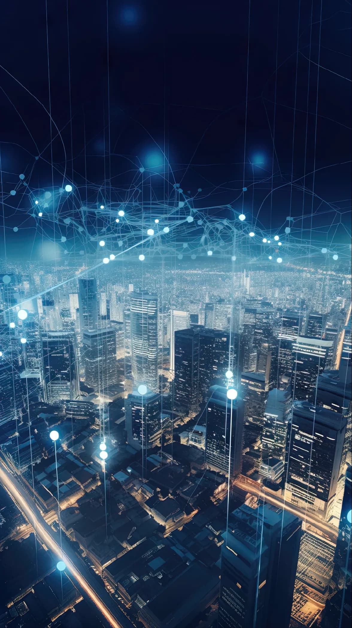 City skyline overlaid with an energy grid network