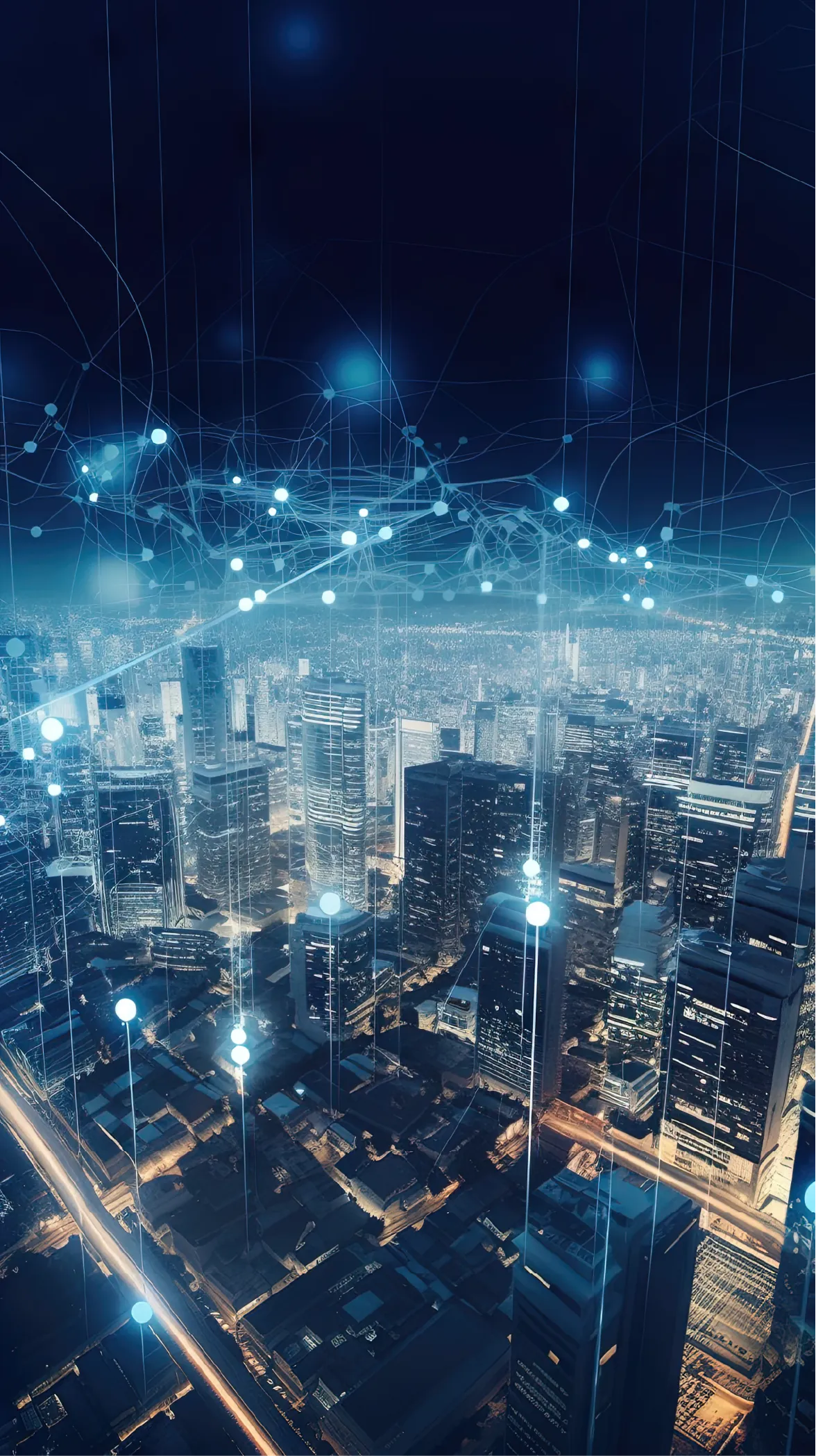 City skyline overlaid with an energy grid network